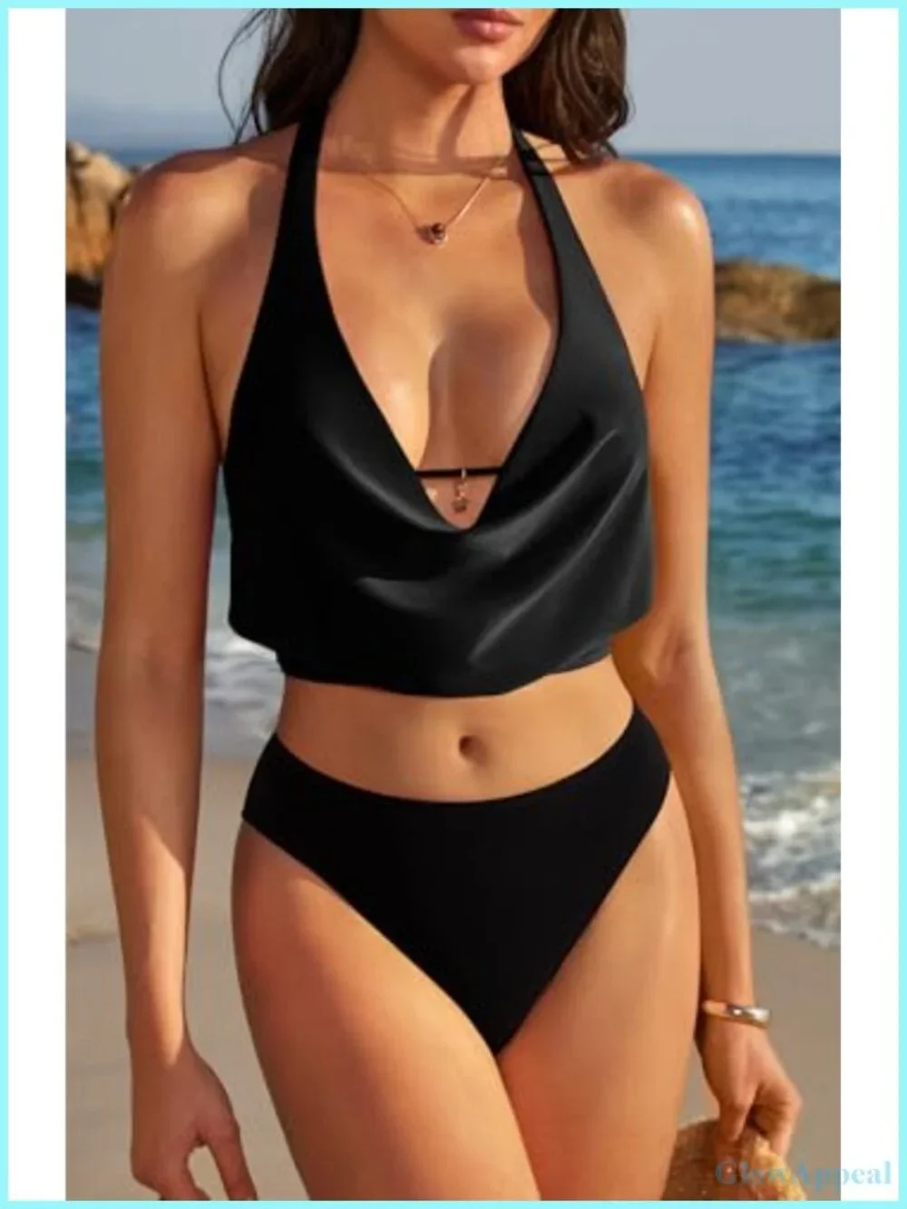 Sexy Halter Cowl Neck Bikini Set with Adjustable Straps and Zipper Detail
